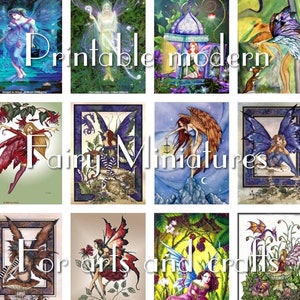 Printable miniature modern fairies for decoupage, crafts, doll house paintings, arts, projects, 30 Pictures, 1:12 scale, 3 border types, jpg