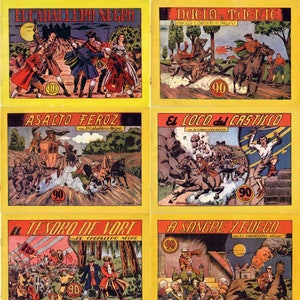 Puede incluir: Una colección de seis portadas de cómics vintage con un héroe enmascarado llamado "El Caballero Negro". Cada portada representa una aventura diferente con títulos como "Duelo a Muerte", "Asalto Feroz", "El Loco del Castillo", "Tesoro de Vort" y "Sangre y Fuego".