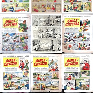 Puede incluir: Una colección de cómics vintage "Girls Crystal". Cada portada presenta ilustraciones y texto coloridos, con títulos como "Naida of the Jungle" y "Their Strange Task in Venice". Los cómics muestran signos de desgaste, mostrando su antigüedad.