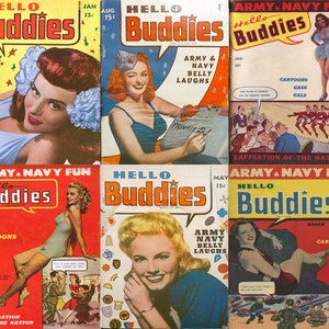 Hello Buddies vintage mild adult humour magazines, army navy belly laughs, 1940s funny sketches, pinups, jokes. 6 Issues, PDF