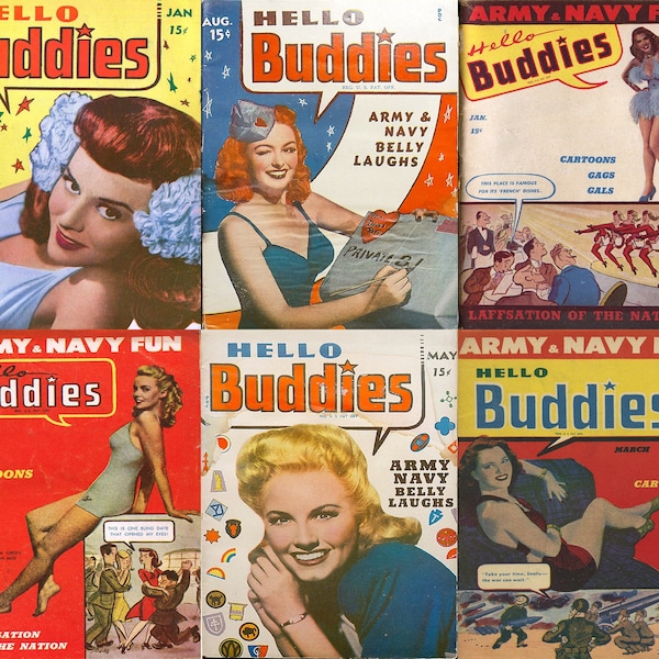 Hello Buddies vintage mild adult humour magazines, army navy belly laughs, 1940s funny sketches, pinups, jokes. 6 Issues, PDF