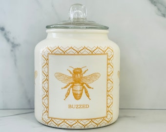 Honey Bee Glass Cookie Jar: Golden Bee Decoupage Kitchen Canister, Airtight, 64 ozs, .5 gallon