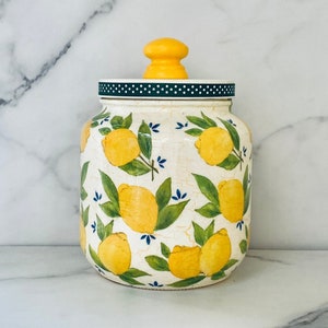 Lemon Kitchen Canister: Decoupage Glass Cookie Jar (64 oz)