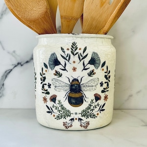 Extra large Honey Bee utensil holder, honey bee caddy, honey bee crock, 8&quot;H x 7&quot;W, 1 gallon, 128 ounces