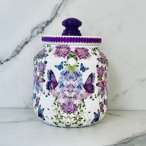Lilac floral, purple butterflies cookie jar/canister 64 ozs, 1/2 gallon, H8"xW6" dry storage container 4 tea, coffee, nuts, candy & cookies