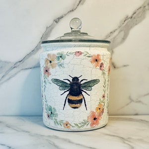 Shabby Chic Bee cookie jar/canister, 1/2 gallon, 64 ounce, H8&quot;xW6&quot; Honey bee planter, caddy 4 candy, nuts, K-cups, coffee, tea, food storage