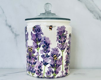 Lavender floral & Bees cookie jar/canister, Lavender floral cookie jar, Garden Bees canister, French farmhouse theme canister or cookie jar.