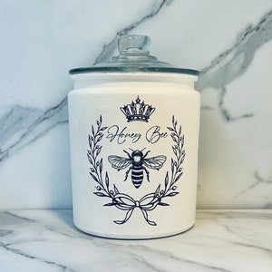 Bee cookie jar, Honey Bee canister, 1/2 gallon, 64 ounce, H8&quot; x W6&quot; Honey bee container, caddy for candy, nuts, coffee, tea, food storage
