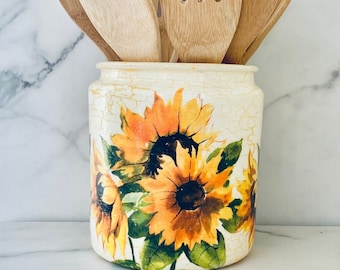 EXTRA LARGE Sunflower Kitchen Utensil Holder: Large French Country Crock, 9"H x 7"W, 1 gal, 128 ozs.