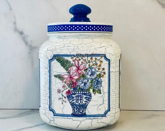 Floral Chinoiserie Cracker/Cookie/Canister, French country cracker jar, French farmhouse, canister 4 coffee, tea, nuts, dry food storage