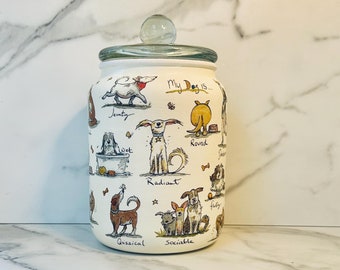 Dog Treat Jar: Pet Food Storage, Dry food storage. Dog treat canister. 8"H x 4.5"W) (opening).  Comes with a scooper, airtight