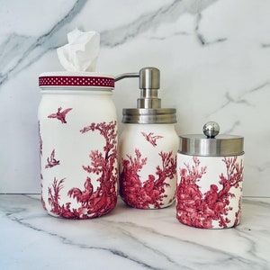 Red & white toile bath set/French country bathroom set/toile vanity set/bathroom organizer, toile bathroom decor, toile bathroom organizer