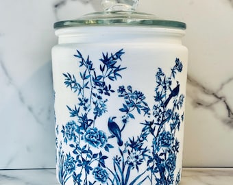 SMALL Bluebird Chinoiserie Kitchen Canister: blue and white decoupage jar, 32oz Glass Jar, airtight