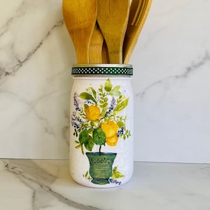 Lavender & Lemon tree themed, 32 ounce mason jar, utensil holder, French country, farm house, utensil caddy, kitchen decor, housewarming