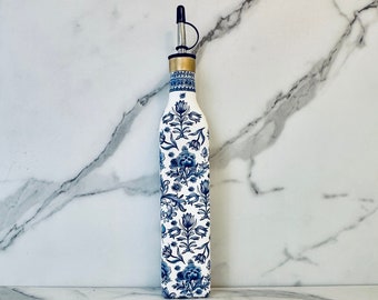 Blue & white chinoiserie inspired olive oil dispenser, olive oil cruet, olive oil decanter Mediterranean oil decanter, 16 ounces, H11" x W2"