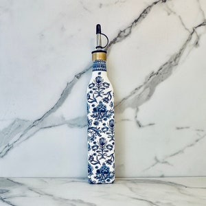 Blue Chinoiserie inspired Olive Oil Dispenser: Blue & White Mediterranean Decanter, 16 ounces 11"H (not including pourer) x 2"W
