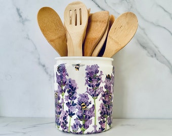 Lavender/Purple  floral kitchen utensil holder, utensil caddy, utensil crock, floral French farmhouse, 1/2 gallon, 64 ounces, 6.5"H x 6"W,