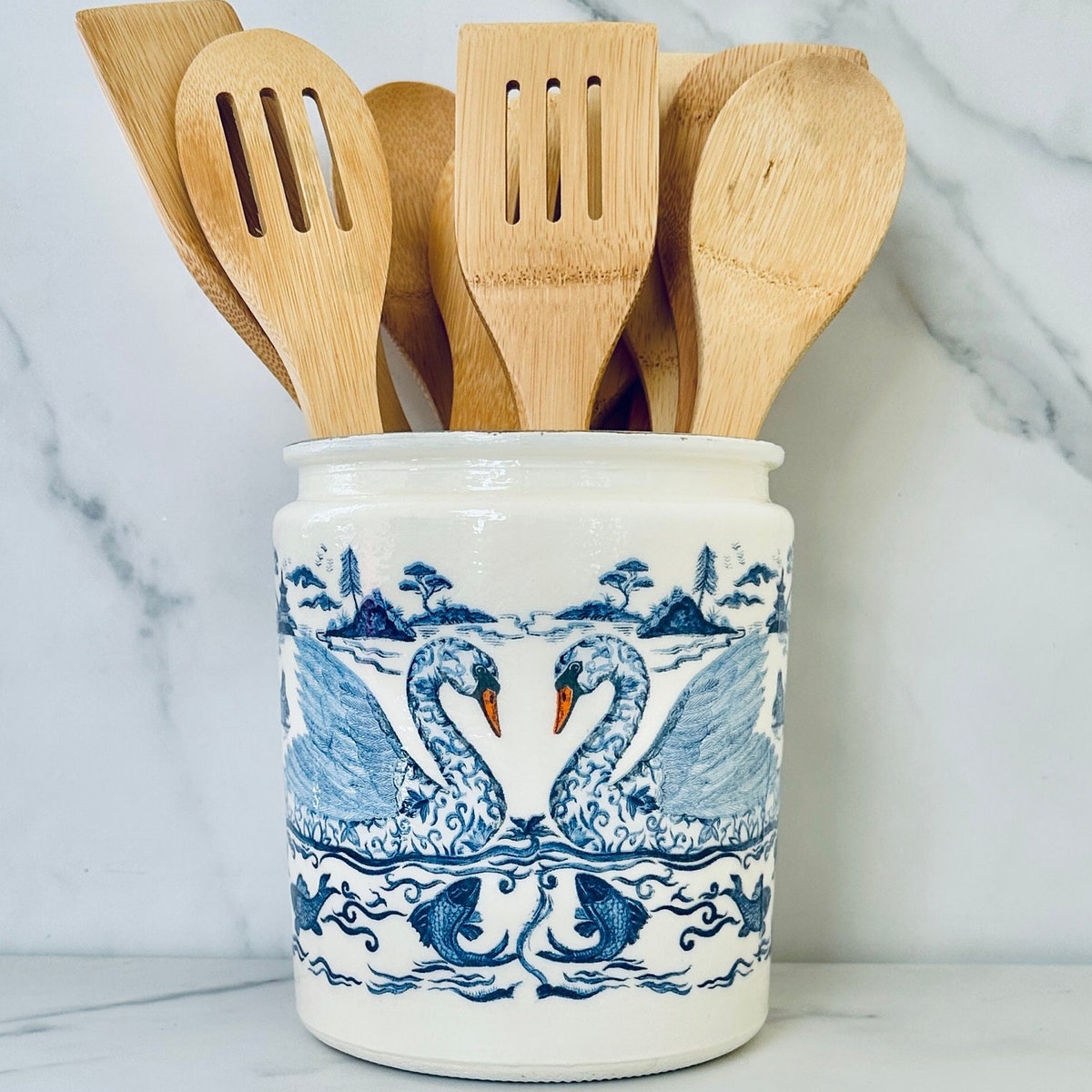 Blue & White Swan Chinoiserie Kitchen Utensil Holder, 64 Ounces, .5 Gal, 6.5"h X 5.5"w Glass Container. - Etsy
