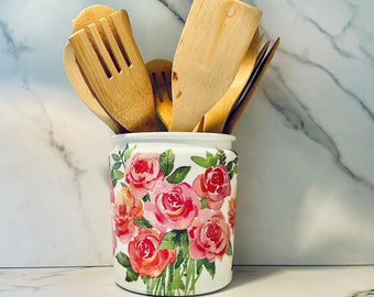 Rose floral kitchen utensil holder, Garden floral utensil caddy, utensil crock, floral French farmhouse, 1/2 gallon, 64 ounces, 6.5"H x 6"W,