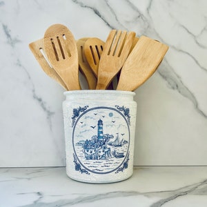 Blue Chinoiserie Lighthouse Kitchen Utensil Holder