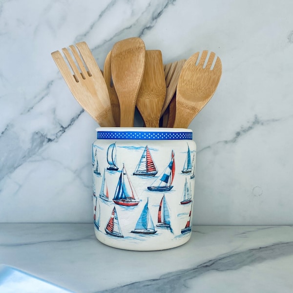 Sailboat themed kitchen utensil holder, utensil caddy, utensil crock, French country farmhouse, 1/2 gallon, 64 ounces, 7"H x 6"W,