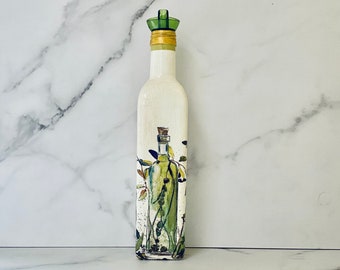 Olive Oil/Mediterranean themed oil decanter, oil dispenser, housewarming, hostess gift, cruet, 16 ounces, 11" x 2", farmhouse kitchen