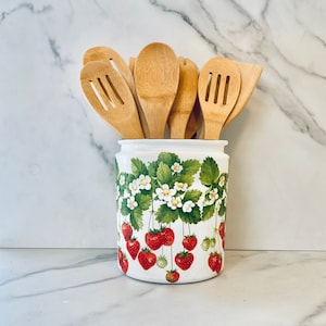 Strawberry kitchen utensil holder, Fruit utensil caddy, utensil crock, 1/2 gallon container, 64 ounces, 7&quot;H x 6&quot;W,
