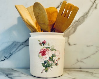 Rose floral shabby chic kitchen utensil holder, utensil caddy, utensil crock, floral French farmhouse, 1/2 gallon, 64 ounces, 6.5"H x 6"W,