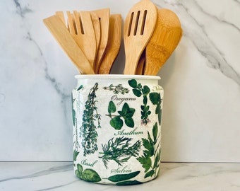 Decoupage Herb Garden Utensil Holder: Vintage Kitchen Caddy. This utensil holder is 64 ounces, .5 gal, 6.5"H x 5.5"W glass container.