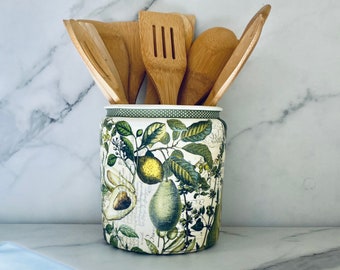 Avocado themed kitchen utensil holder, utensil caddy, utensil crock, French country farmhouse, 1/2 gallon, 64 ounces, 7"H x 6"W,