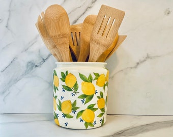 Lemon and Fruit themed kitchen utensil holder, utensil caddy, utensil crock, French country farmhouse, 1/2 gallon, 64 ounces, 7"H x 6"W,