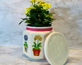 Floral plant holder, container, storage jar, floral cannister, kitchen storage, bathroom storage, handmade, decoupage crackle free shipping