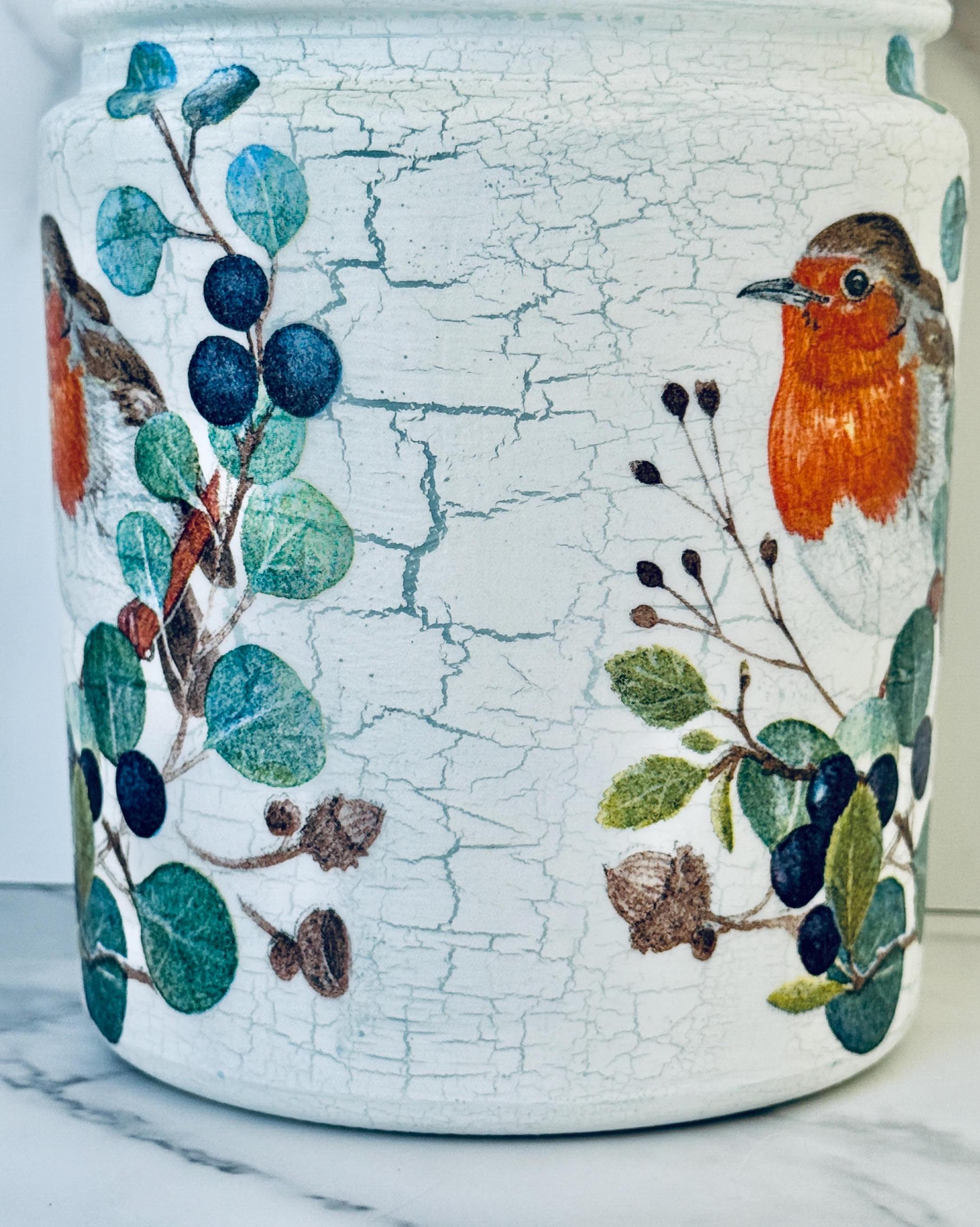 Robin Decoupaged Robin Redbreast Cookie Jar: Decoupaged Glass Kitchen Canister, 8