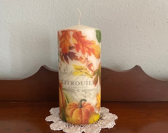 Pumpkins, Fall leaves, Autumn, 7" pillar smokeless unscented candle, Thanksgiving, housewarming, kitchen, bedroom, home office decoupage