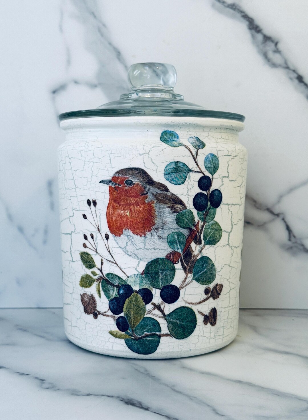 Robin Decoupaged Robin Redbreast Cookie Jar: Decoupaged Glass Kitchen Canister, 8