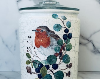 Tarro para galletas Robin Redbreast: Bote de cocina de vidrio decorado con decoupage, 20 cm de alto x 14 cm de ancho, hermético.