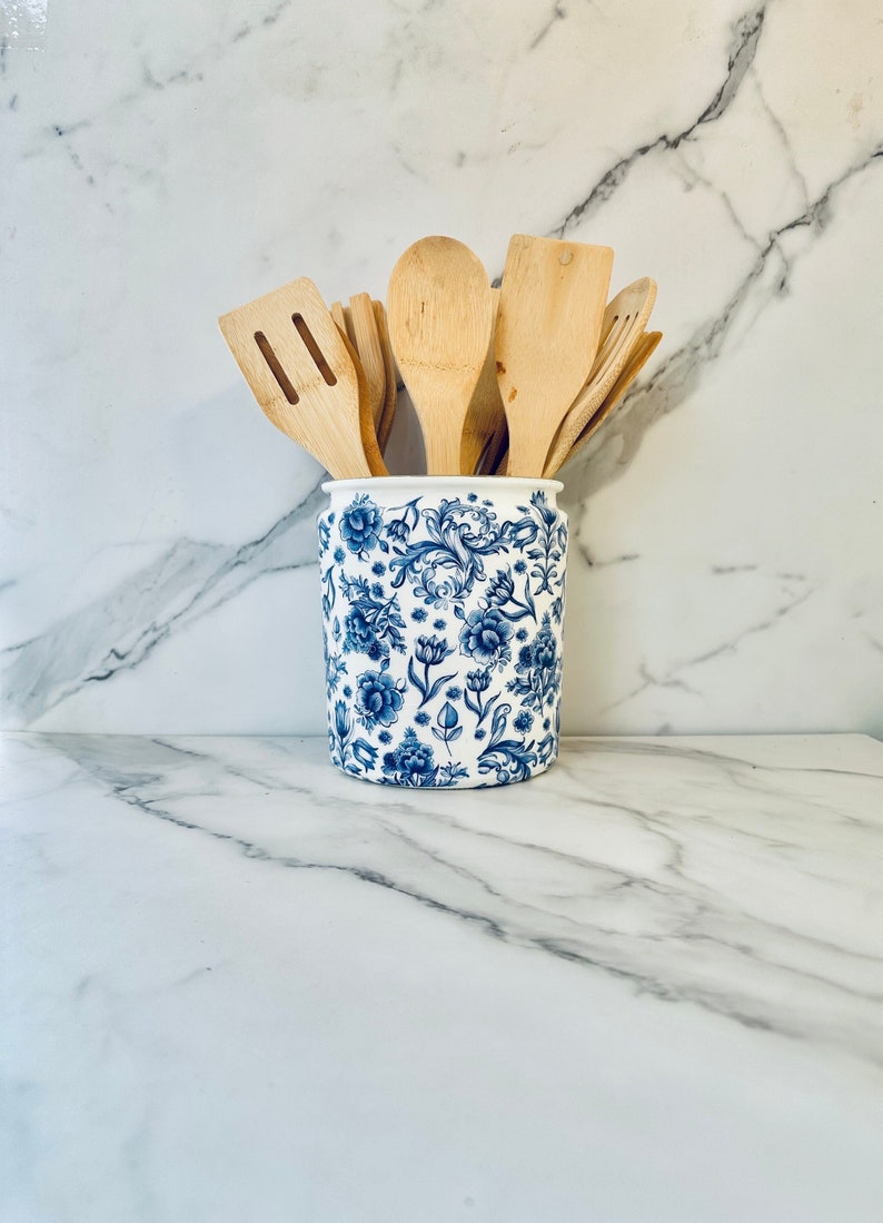 Extra large Blue & White chinoiserie kitchen utensil holder, utensil caddy, utensil crock, floral French decor, 1 gal, 128 ounces, 8Hx6W,