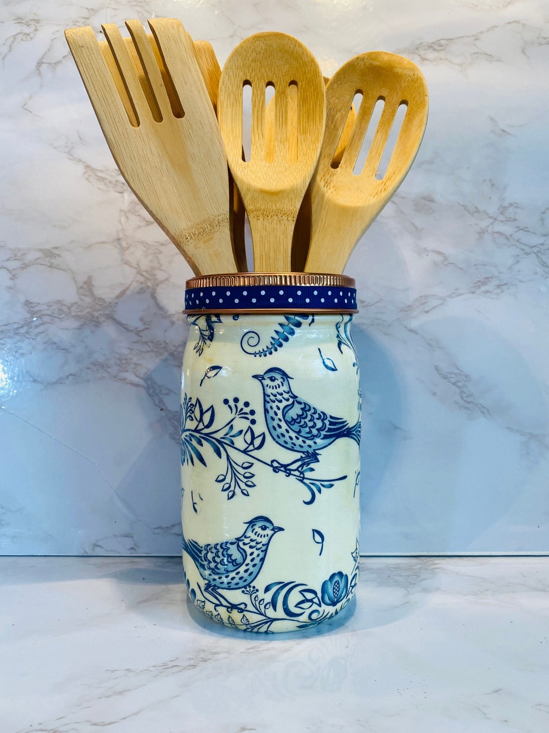 Delicate Blue Bird Themed Kitchen Utensil Holder, Caddy, Hostess ...