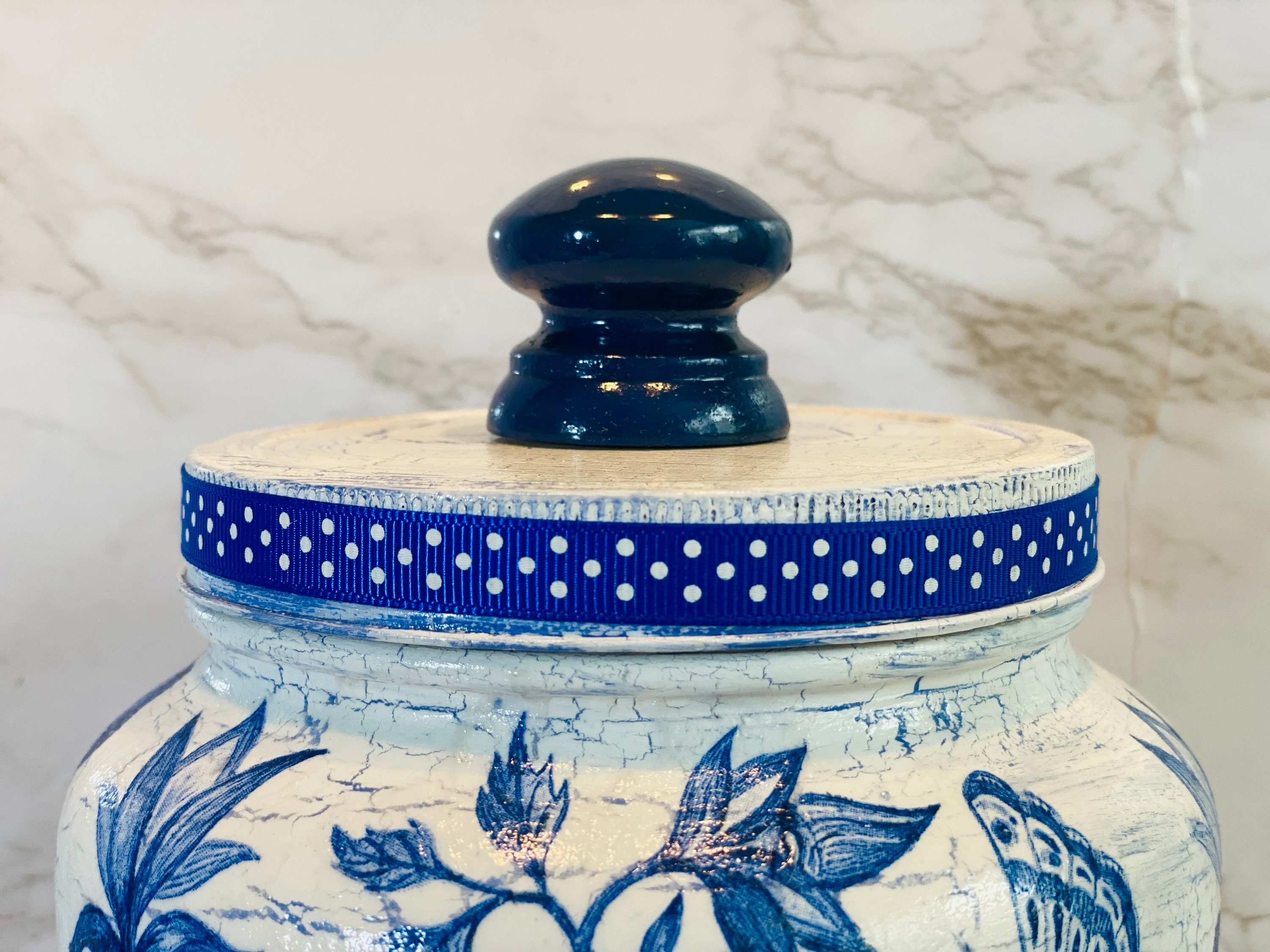 Kitchen canister Blue and white floral themed 64 ounce 1/2 Etsy