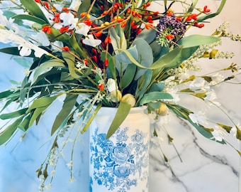 Floral Chinoiserie Vase, French country style vase,  Farmhouse style vase, Blue and white vase, 11"Hx4"W, make your choise, Handmade in USA,