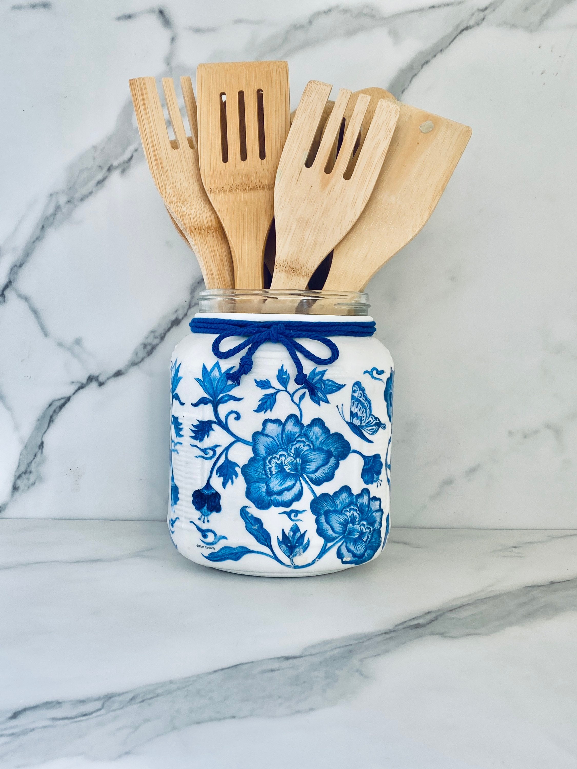 French Blue Ceramic Utensil Holder Vintage Style