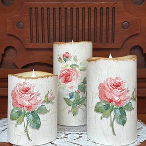 Shabby Chic Flameless LED Candle Set: Rose Floral LED Flickering candle, batteries & remote included, 3&quot;W x 3&quot;/4&quot;/5&quot;H, set of 3