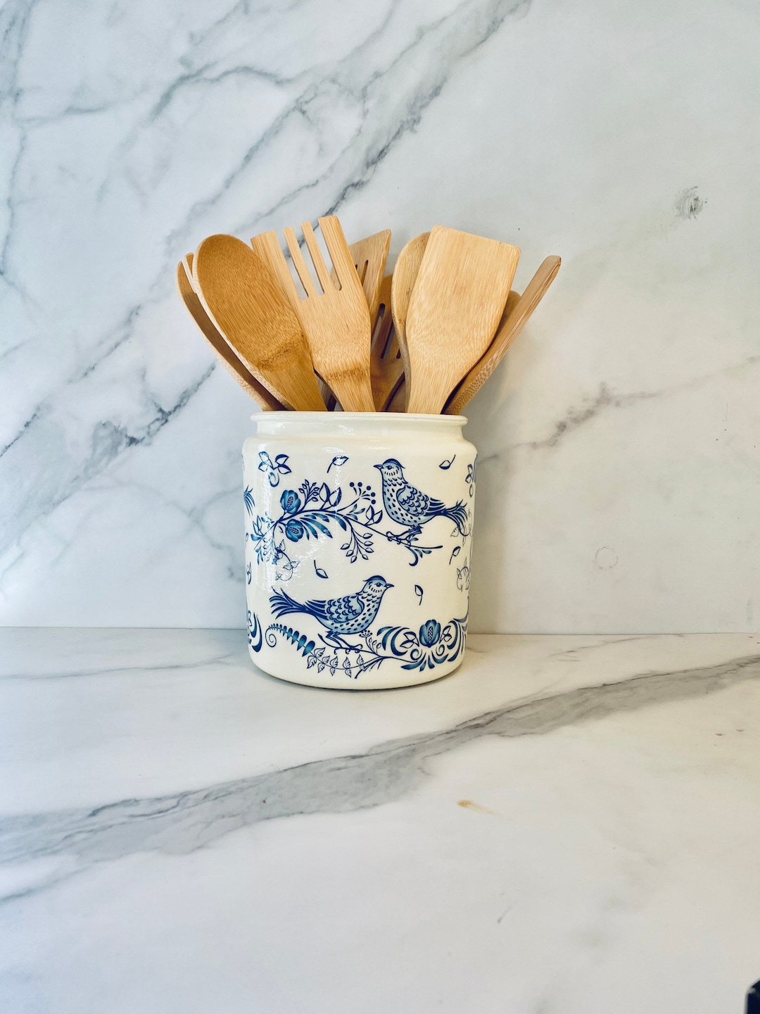 Blue Bird Kitchen Utensil Holder, Blue Chinoiserie Utensil Caddy