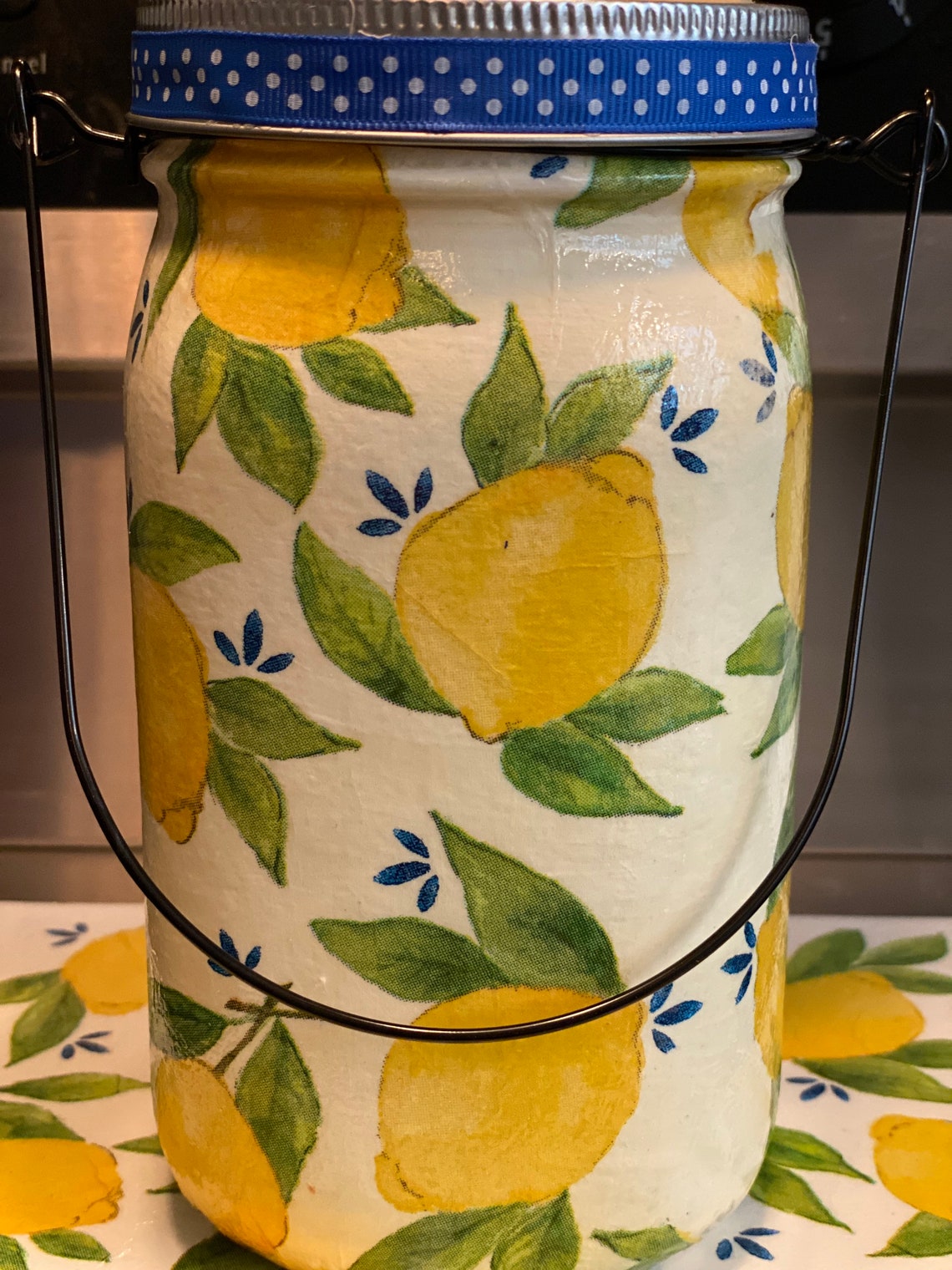 Lemon themed utensil holder with wire handle and matching Etsy