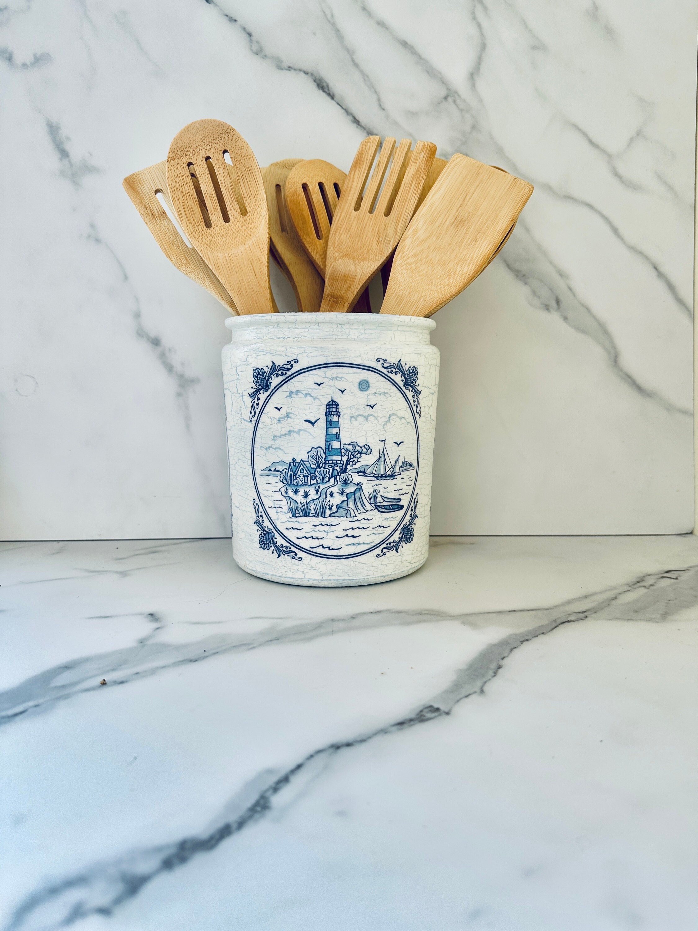 Blue & White chinoiserie kitchen utensil holder, Lighthouse theme, utensil caddy, utensil crock, 1/2 gallon, 64 ounces, 7"H x 6"W,