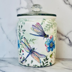 Dragonfly Cookie Jar: Decoupage Glass Kitchen Canister, .5 gallon, 8"H x 5.5"W, airtight