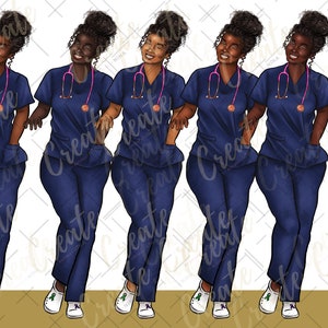 Curvy Dark skin Afro Fashion Nurse clipart, African American clip art for sublimation design downloads png, Black Nurses, Black Owned Shops