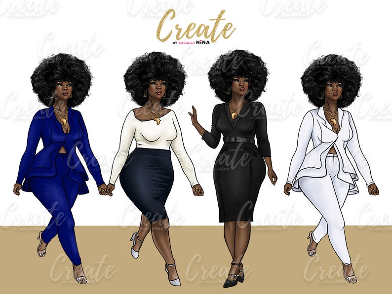 Curvy Dark Skin Afro Fashion Girl Clipart Boss Chick African - Etsy