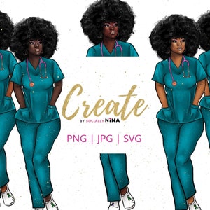 Black Nurse Clipart Dark skin African American woman with afro clip art files for cricut design downloads, Nurses png, Black Owned Shops