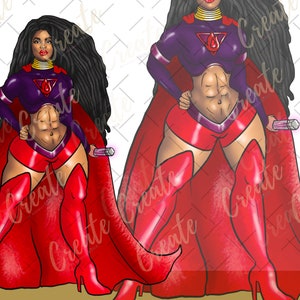 African American Woman Super Hero Curvy Dark Skin Fashion Girl Clipart, ClipArt für Sublimation Design Downloads png Black Owned Shop